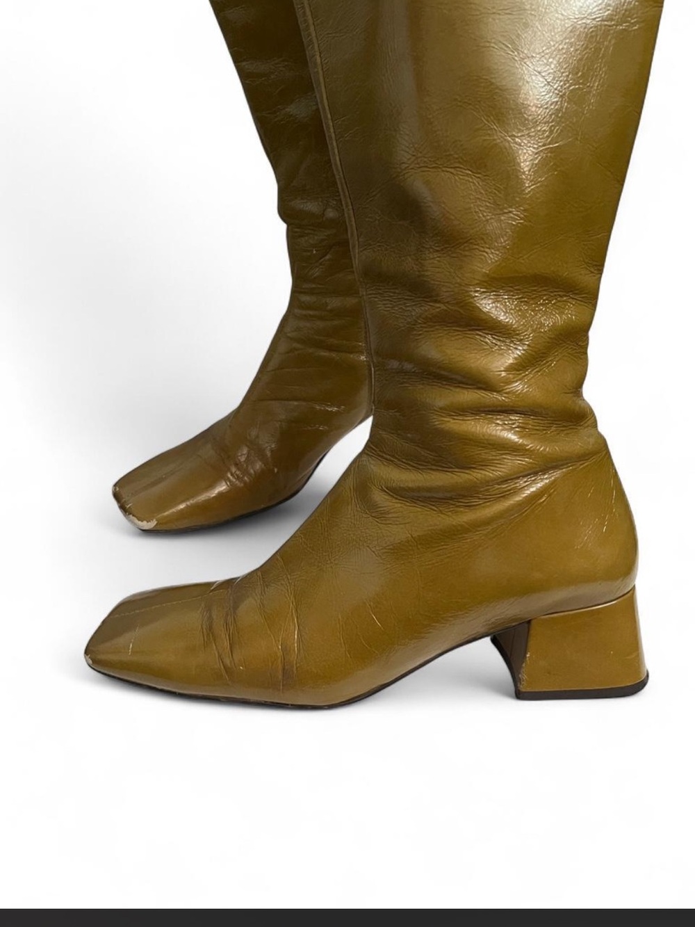 L'INTERVALLE Olive Green Knee-High Leather Block Heel Boots